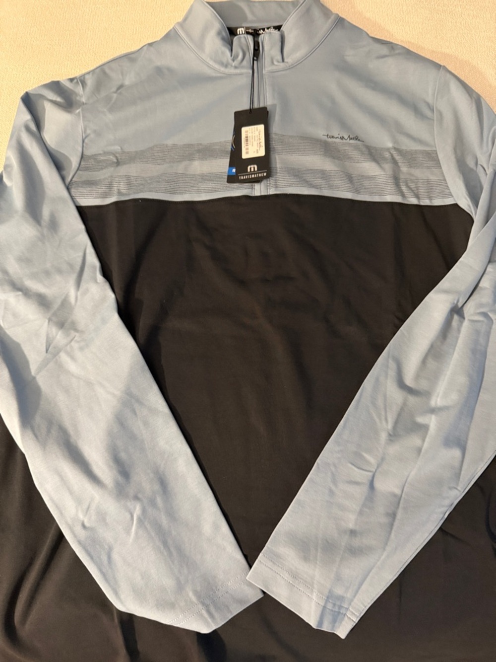 NWT Travis Mathew Light Blue and Black Striped Quarter-Zip